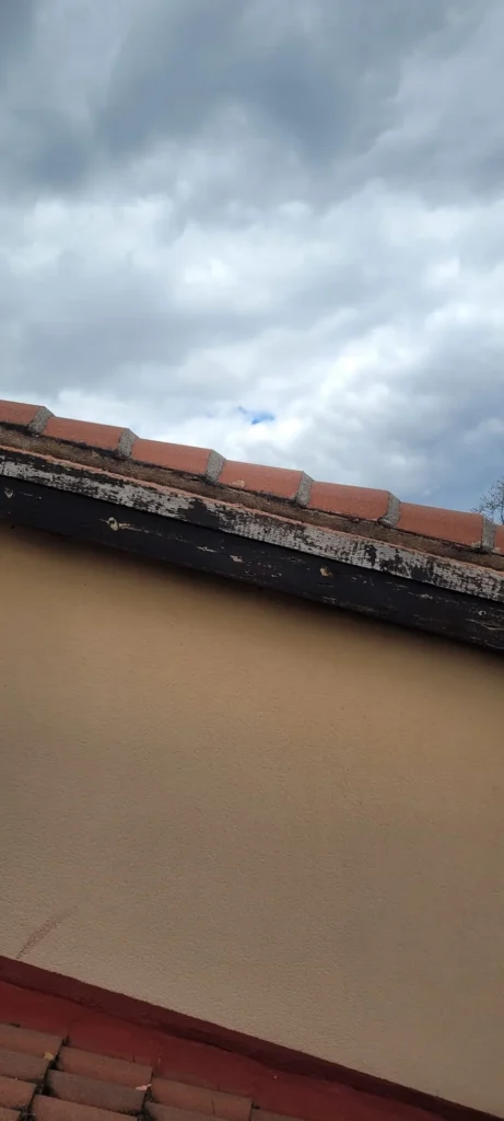 Arreglo de aleros en Riaza, mostrando la reparación de aleros de tejas con la pared recién pintada y detalles de desgaste en la madera.